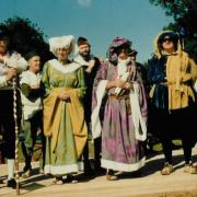 The opening ceremony at the Colyford Goose Fayre in 1979. George Mabon is in blue and yellow and Colin Pady in mauve costume.