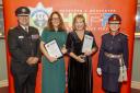 Charlotte Graham (centre left) and Kathryn Berry (centre right), pictured with Chief Fire Officer Jon Pryce and Worcestershire’s Lord Lieutenant Beatrice Grant, have racked up more than 50 years’ service between them