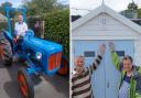 Nigel Ball on his 60-year old tractor, and with his wafe Karen, opening a beach hut for cancer