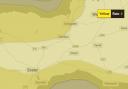 The Met Office yellow warning over Devon and Somerset.