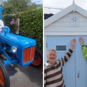 Nigel Ball on his 60-year old tractor, and with his wafe Karen, opening a beach hut for cancer