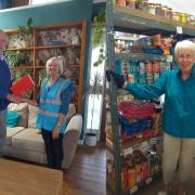 Left: Stephen Page handing over the role to Julie Dunnon. Right: Patsy Redden, who helped to establish the foodbank in 2012